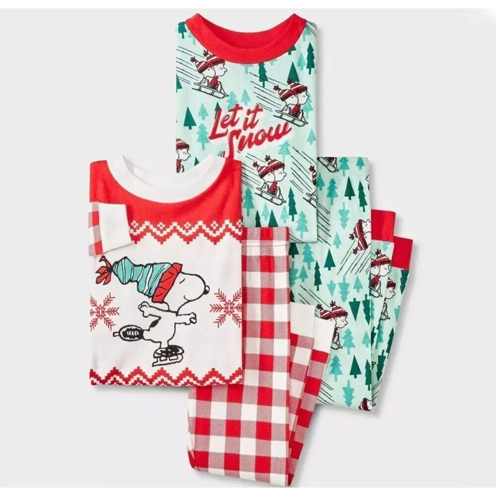 Target Toddler 4pc Snug Fit Snoopy Let It Snow Cotton Pajama Set Blue Red 2T 3T